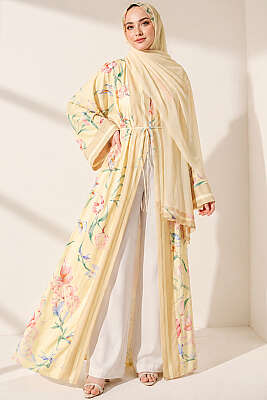 Şal Detaylı Çiçekli Desenli Kimono Sarı - HEWES