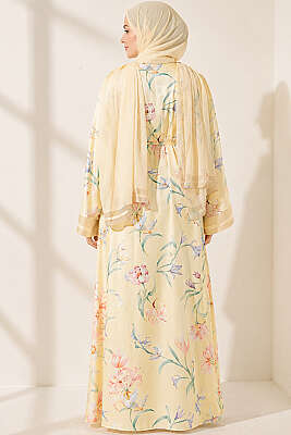 Şal Detaylı Çiçekli Desenli Kimono Sarı - Kimono