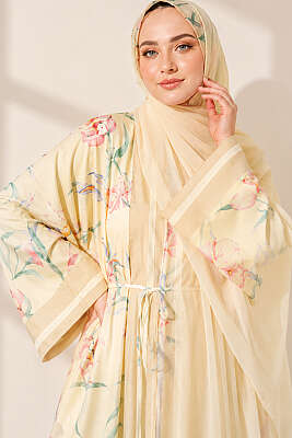 Şal Detaylı Çiçekli Desenli Kimono Sarı - Kimono