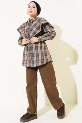 Şal Detaylı Ekoseli Gömlek Bej - Gömlek