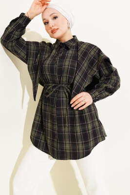 Şal Detaylı Ekoseli Gömlek Haki - VAV TEKSTİL