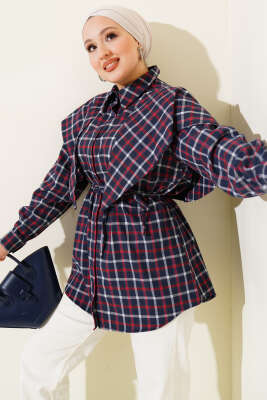 Şal Detaylı Ekoseli Gömlek Lacivert - VAV TEKSTİL