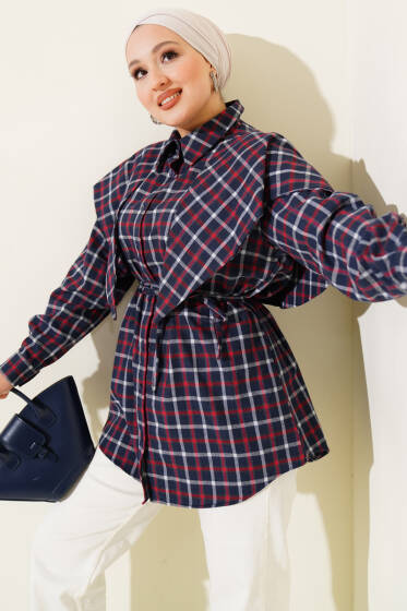 Şal Detaylı Ekoseli Gömlek Lacivert - Gömlek