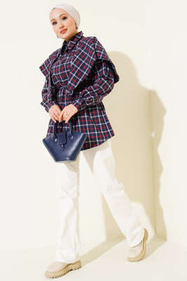 Şal Detaylı Ekoseli Gömlek Lacivert - Gömlek
