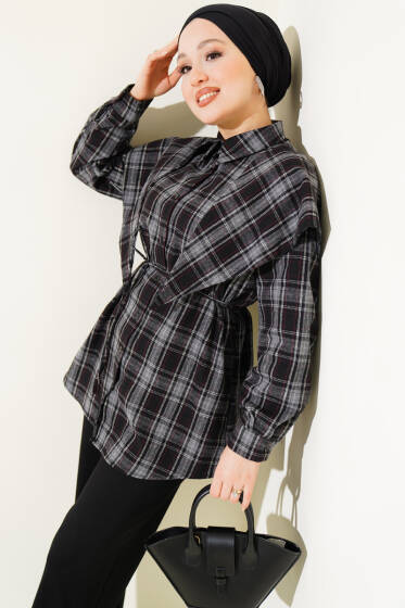 Şal Detaylı Ekoseli Gömlek Siyah - Gömlek