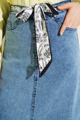 Şal Detaylı Kot Etek Açık Mavi - Etek