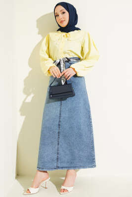 Şal Detaylı Kot Etek Açık Mavi - Etek