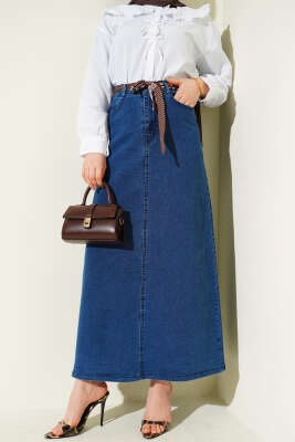 Şal Detaylı Kot Etek Kot Mavisi - MUSTİ