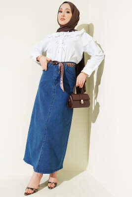 Şal Detaylı Kot Etek Kot Mavisi - Etek
