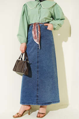 Şal Detaylı Kot Etek Mavi - MUSTİ