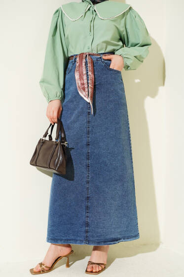 Şal Detaylı Kot Etek Mavi - Etek