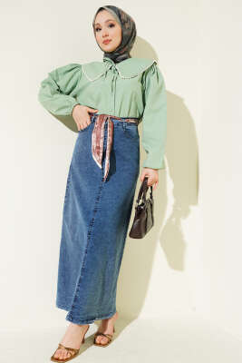 Şal Detaylı Kot Etek Mavi - Etek