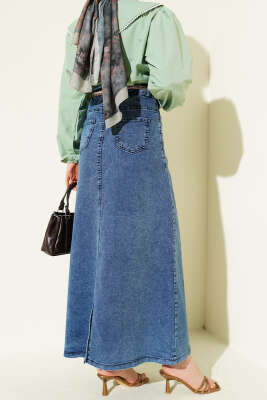 Şal Detaylı Kot Etek Mavi - Etek