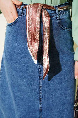 Şal Detaylı Kot Etek Mavi - Etek