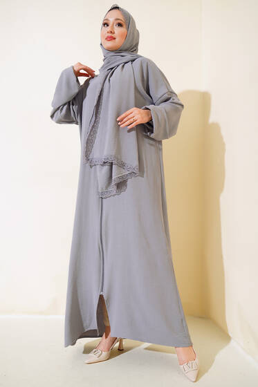 Şal Modelli Kol Lastikli Ferace Gri - Dış Giyim&Mont