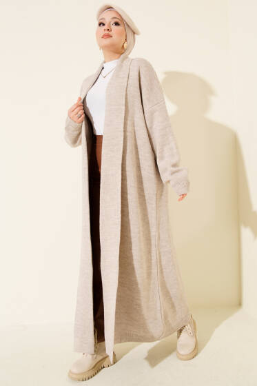 Şal Yaka Basic Uzun Triko Hırka Bej - Hırka