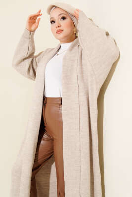 Şal Yaka Basic Uzun Triko Hırka Bej - Hırka