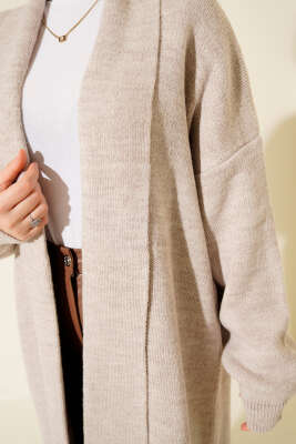 Şal Yaka Basic Uzun Triko Hırka Bej - Hırka