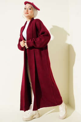 Şal Yaka Basic Uzun Triko Hırka Bordo - RAFİMİX