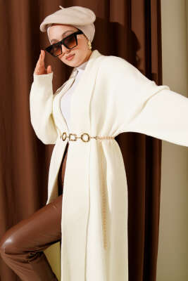 Şal Yaka Basic Uzun Triko Hırka Ekru - Hırka