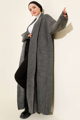 Şal Yaka Basic Uzun Triko Hırka Füme 