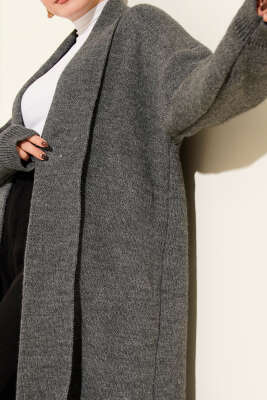 Şal Yaka Basic Uzun Triko Hırka Füme - Hırka