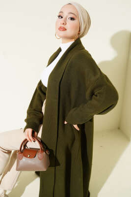 Şal Yaka Basic Uzun Triko Hırka Haki - Hırka