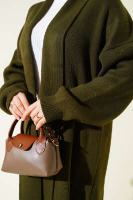 Şal Yaka Basic Uzun Triko Hırka Haki - Hırka