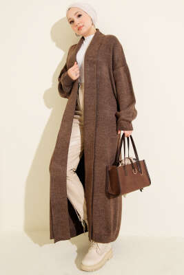 Şal Yaka Basic Uzun Triko Hırka Kahve - RAFİMİX