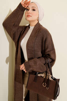 Şal Yaka Basic Uzun Triko Hırka Kahve - Hırka
