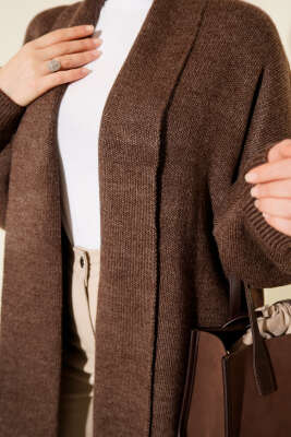 Şal Yaka Basic Uzun Triko Hırka Kahve - Hırka