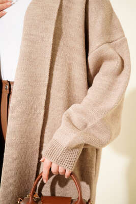 Şal Yaka Basic Uzun Triko Hırka Latte - Hırka