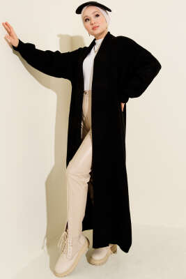 Şal Yaka Basic Uzun Triko Hırka Siyah - RAFİMİX