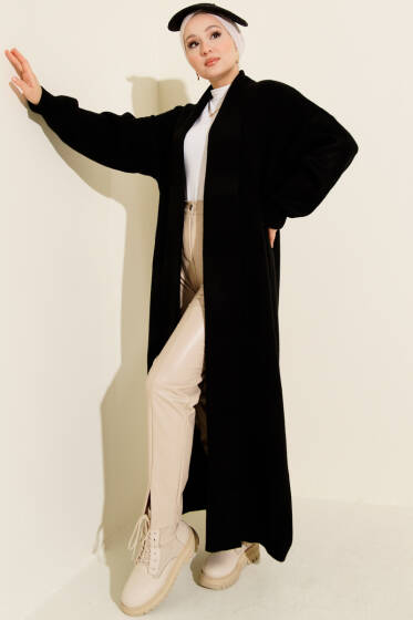 Şal Yaka Basic Uzun Triko Hırka Siyah - Hırka