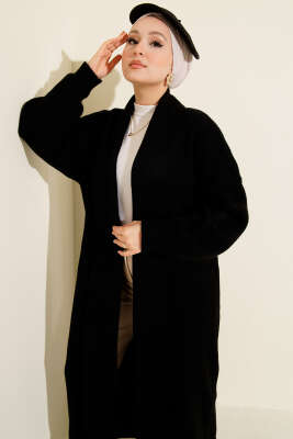 Şal Yaka Basic Uzun Triko Hırka Siyah - Hırka