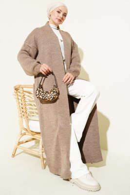 Şal Yaka Basic Uzun Triko Hırka Vizon 