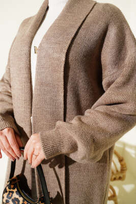 Şal Yaka Basic Uzun Triko Hırka Vizon - Hırka