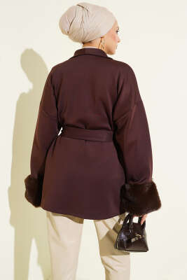 Şal Yaka Bilek Kürklü Scuba Hırka Kahve - Hırka