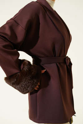 Şal Yaka Bilek Kürklü Scuba Hırka Kahve - Hırka