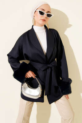 Şal Yaka Bilek Kürklü Scuba Hırka Lacivert - SAS