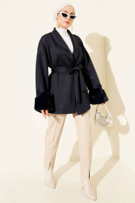 Şal Yaka Bilek Kürklü Scuba Hırka Lacivert - Hırka