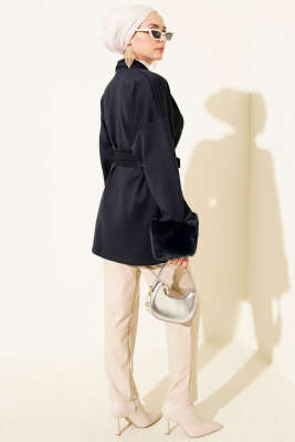 Şal Yaka Bilek Kürklü Scuba Hırka Lacivert - Hırka