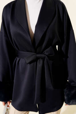 Şal Yaka Bilek Kürklü Scuba Hırka Lacivert - Hırka