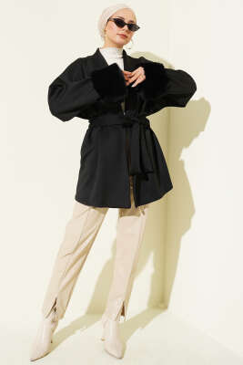 Şal Yaka Bilek Kürklü Scuba Hırka Siyah - Hırka