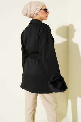 Şal Yaka Bilek Kürklü Scuba Hırka Siyah - Hırka