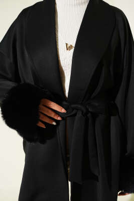 Şal Yaka Bilek Kürklü Scuba Hırka Siyah - Hırka