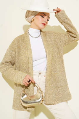 Şal Yaka Cepli Simli Triko Hırka Bej 