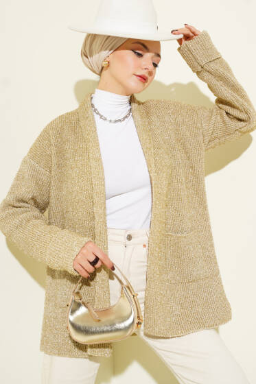 Şal Yaka Cepli Simli Triko Hırka Bej - Hırka