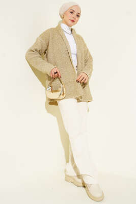 Şal Yaka Cepli Simli Triko Hırka Bej - Hırka