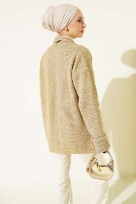 Şal Yaka Cepli Simli Triko Hırka Bej - Hırka